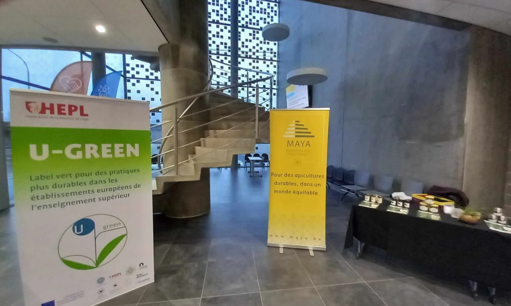 Bewustmakings- en degustatiestand van de NGO Miel Maya Honing op het Ugreen-evenement van HEPL (14/12/2023)
